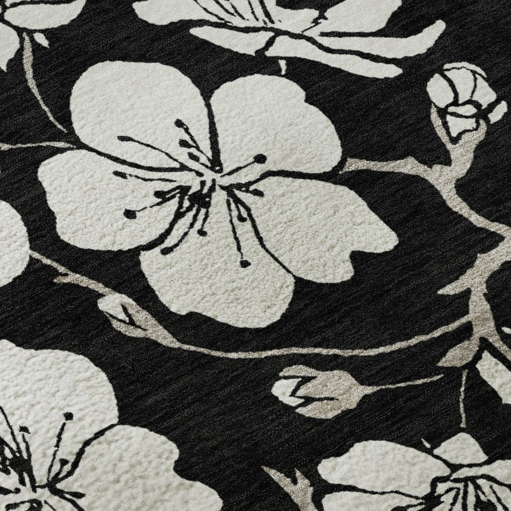 HomeRoots 9' X 12' Black and Ivory Floral Washable Area Rug with UV Protection - Durable, Elegant Design for Any Space 681016