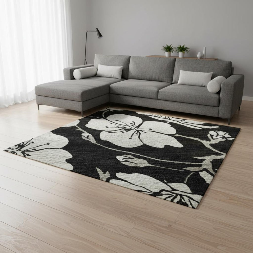 HomeRoots 9' X 12' Black and Ivory Floral Washable Area Rug with UV Protection - Durable, Elegant Design for Any Space 681016