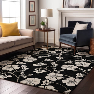 HomeRoots 10' X 14' Black and Ivory Floral Area Rug - Durable, Washable, UV-Protected for Stylish Living Spaces 681017