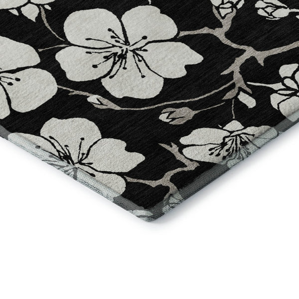 HomeRoots 10' X 14' Black and Ivory Floral Area Rug - Durable, Washable, UV-Protected for Stylish Living Spaces 681017