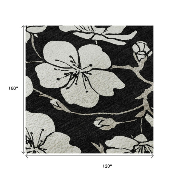 HomeRoots 10' X 14' Black and Ivory Floral Area Rug - Durable, Washable, UV-Protected for Stylish Living Spaces 681017