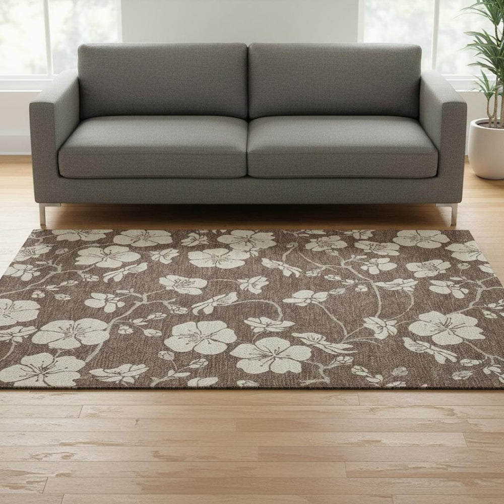 HomeRoots 5' X 8' Floral Washable Area Rug – Durable Brown & Beige Design with UV Protection for High-Traffic Areas 681019