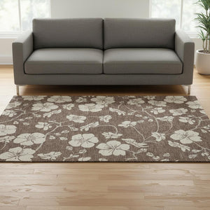 HomeRoots 5' X 8' Floral Washable Area Rug – Durable Brown & Beige Design with UV Protection for High-Traffic Areas 681019