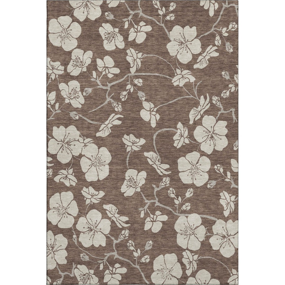 HomeRoots 5' X 8' Floral Washable Area Rug – Durable Brown & Beige Design with UV Protection for High-Traffic Areas 681019