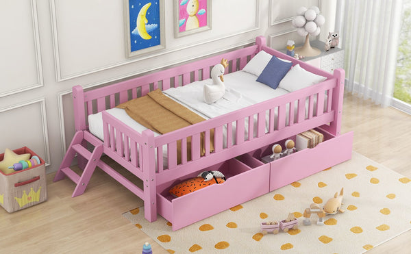 English Elm Wood Twin Platform Bed with Guardrail, Solid Pine Construction, 2 Underbed Drawers for Storage and Playroom Space Pink N709P242145H