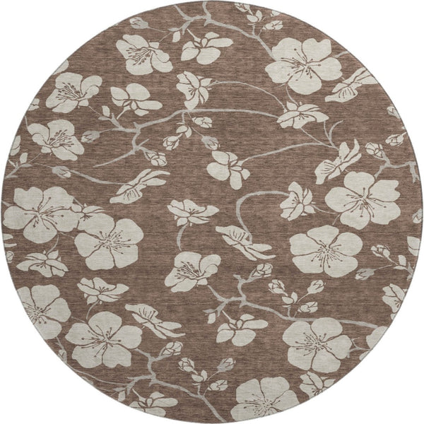HomeRoots 8' Brown and Beige Floral Washable Round Rug with UV Protection - Durable, Stylish, and Easy Care! 681020