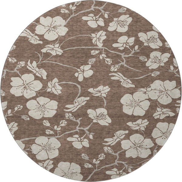 HomeRoots 8' Brown and Beige Floral Washable Round Rug with UV Protection - Durable, Stylish, and Easy Care! 681020