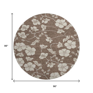 HomeRoots 8' Brown and Beige Floral Washable Round Rug with UV Protection - Durable, Stylish, and Easy Care! 681020