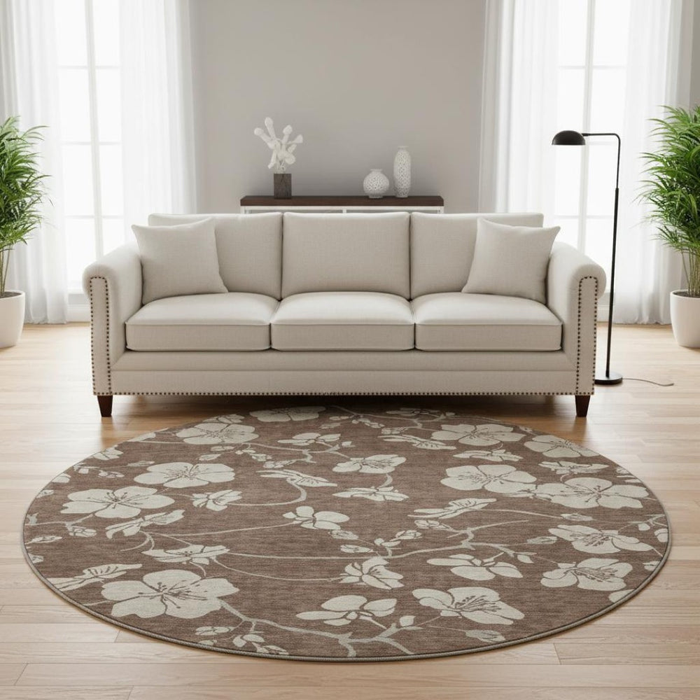 HomeRoots 8' Brown and Beige Floral Washable Round Rug with UV Protection - Durable, Stylish, and Easy Care! 681020