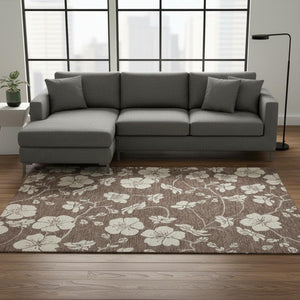 HomeRoots 9' X 12' Stylish Brown and Beige Floral Washable Area Rug with UV Protection for Busy Homes 681022