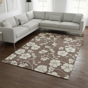 HomeRoots 10' Brown and Beige Floral Area Rug - Washable, UV-Protected, Durable Design for Busy Homes! 681023