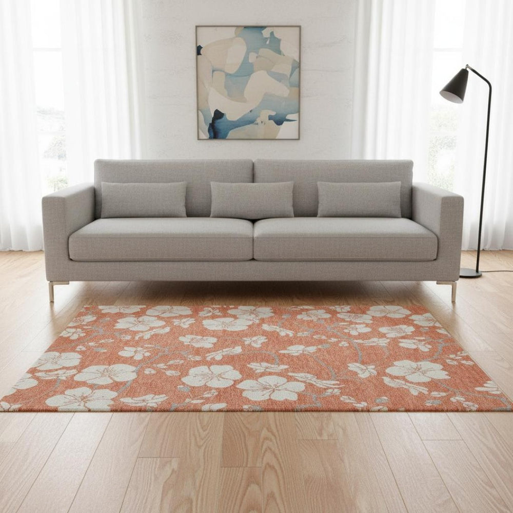 HomeRoots 5' X 8' Coral And Ivory Floral Washable Area Rug - Durable, Stain-Resistant, UV-Protected Design! 681025