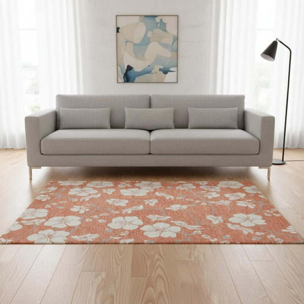 HomeRoots 5' X 8' Coral And Ivory Floral Washable Area Rug - Durable, Stain-Resistant, UV-Protected Design! 681025