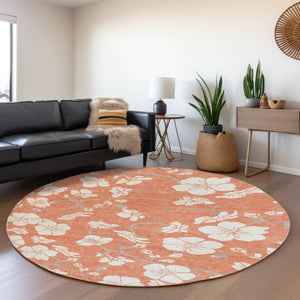 HomeRoots 8' Coral and Ivory Floral Round Rug - Washable, UV Protected, Durable for Homes with Kids & Pets 681026
