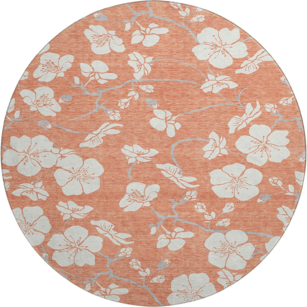 HomeRoots 8' Coral and Ivory Floral Round Rug - Washable, UV Protected, Durable for Homes with Kids & Pets 681026