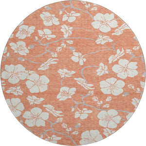 HomeRoots 8' Coral and Ivory Floral Round Rug - Washable, UV Protected, Durable for Homes with Kids & Pets 681026