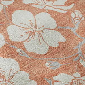 HomeRoots 8' Coral and Ivory Floral Round Rug - Washable, UV Protected, Durable for Homes with Kids & Pets 681026