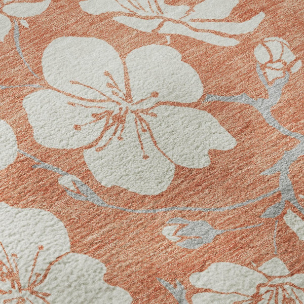 HomeRoots 8' Coral and Ivory Floral Round Rug - Washable, UV Protected, Durable for Homes with Kids & Pets 681026