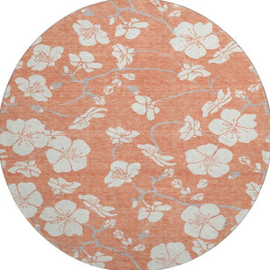 HomeRoots 8' Coral and Ivory Floral Round Rug - Washable, UV Protected, Durable for Homes with Kids & Pets 681026