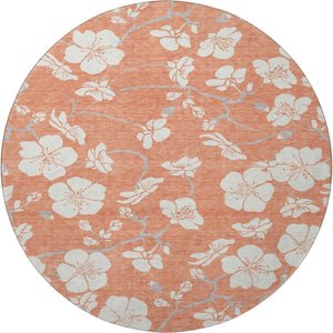 HomeRoots 8' Coral and Ivory Floral Round Rug - Washable, UV Protected, Durable for Homes with Kids & Pets 681026