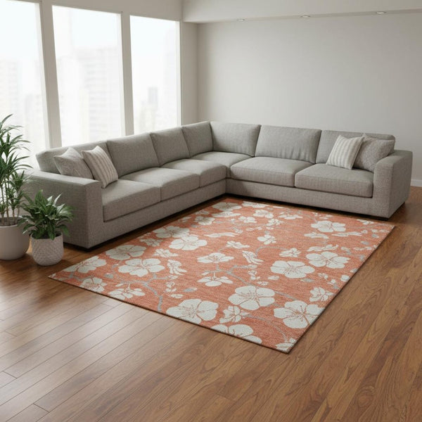 HomeRoots 8' X 10' Coral and Ivory Floral Area Rug – Stain-Resistant, UV Protected, Perfect for Families & Pets 681027