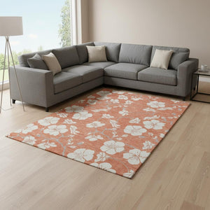 HomeRoots 9' X 12' Coral and Ivory Floral Area Rug - Washable, UV Protected, Stain-Resistant for Family Spaces 681028