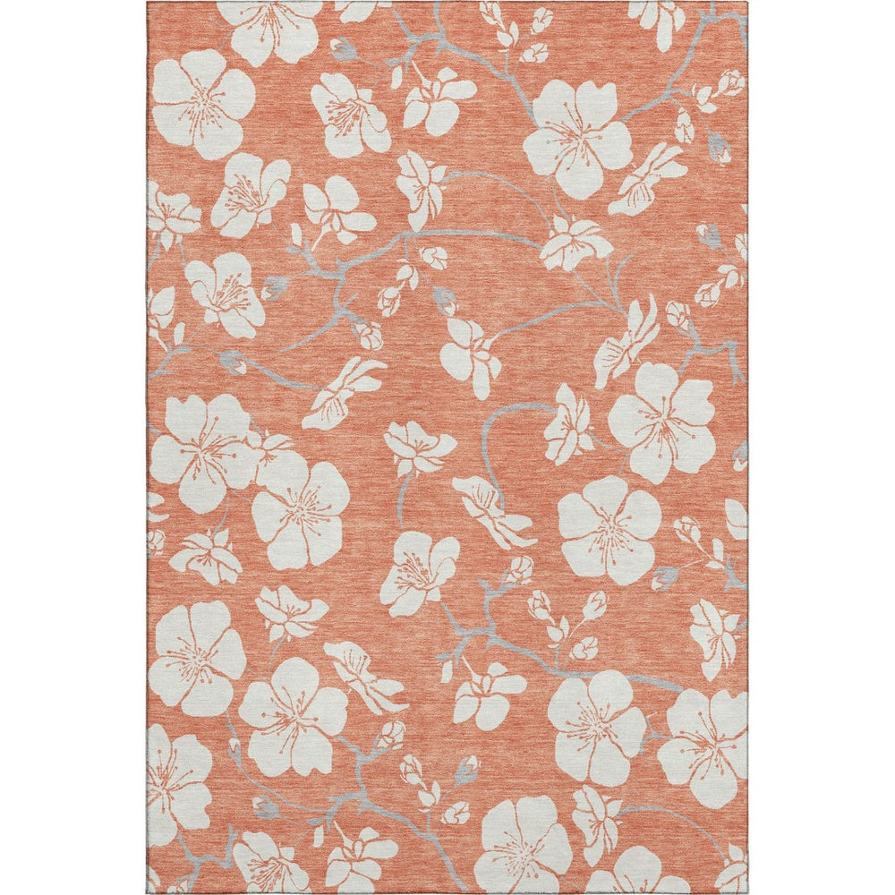 HomeRoots 9' X 12' Coral and Ivory Floral Area Rug - Washable, UV Protected, Stain-Resistant for Family Spaces 681028