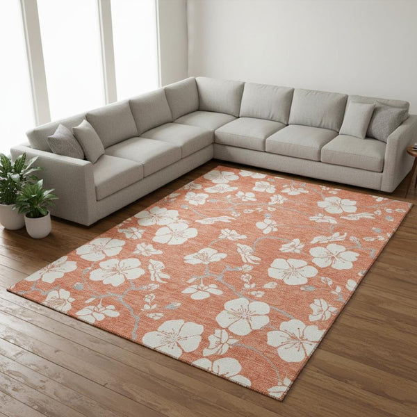 HomeRoots 10' X 14' Coral and Ivory Floral Area Rug – Stain Resistant, UV Protected, Perfect for Any Space! 681029
