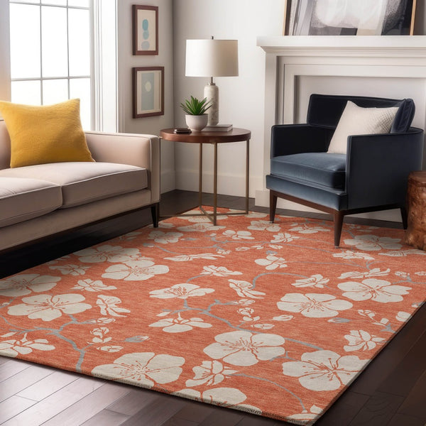 HomeRoots 10' X 14' Coral and Ivory Floral Area Rug – Stain Resistant, UV Protected, Perfect for Any Space! 681029