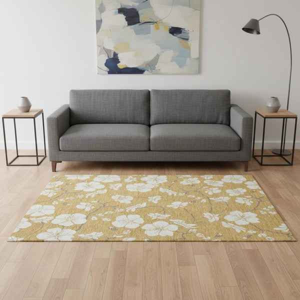 HomeRoots 5' X 8' Gold and Ivory Floral Area Rug - Stain Resistant, UV Protected, Stylish & Durable for Any Room 681031