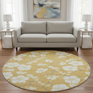 HomeRoots 8' Gold and Ivory Floral Round Rug - Stylish, Washable, UV-Protected, Perfect for Family Spaces! 681032