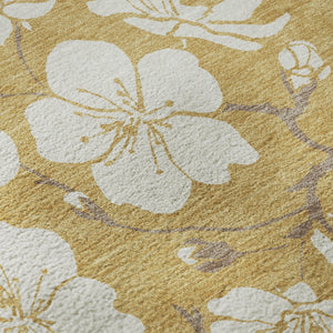 HomeRoots 8' Gold and Ivory Floral Round Rug - Stylish, Washable, UV-Protected, Perfect for Family Spaces! 681032