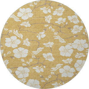 HomeRoots 8' Gold and Ivory Floral Round Rug - Stylish, Washable, UV-Protected, Perfect for Family Spaces! 681032