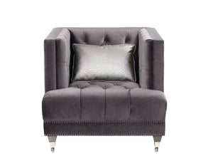 English Elm Hegio Gray Velvet Accent Chair with Pillow, Chesterfield Tufted Back, Nailhead Trim & Caster Legs B2726P284222