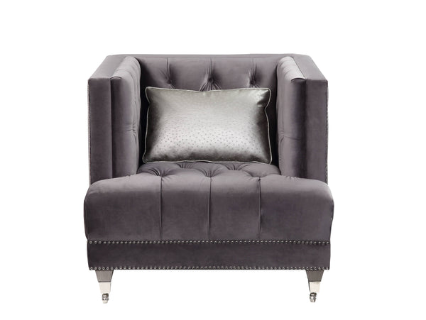 English Elm Hegio Gray Velvet Accent Chair with Pillow, Chesterfield Tufted Back, Nailhead Trim & Caster Legs B2726P284222