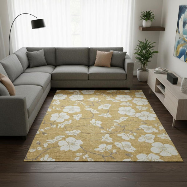HomeRoots 8' X 10' Gold and Ivory Floral Area Rug - Washable, UV Protected, Stain Resistant for Every Home 681033