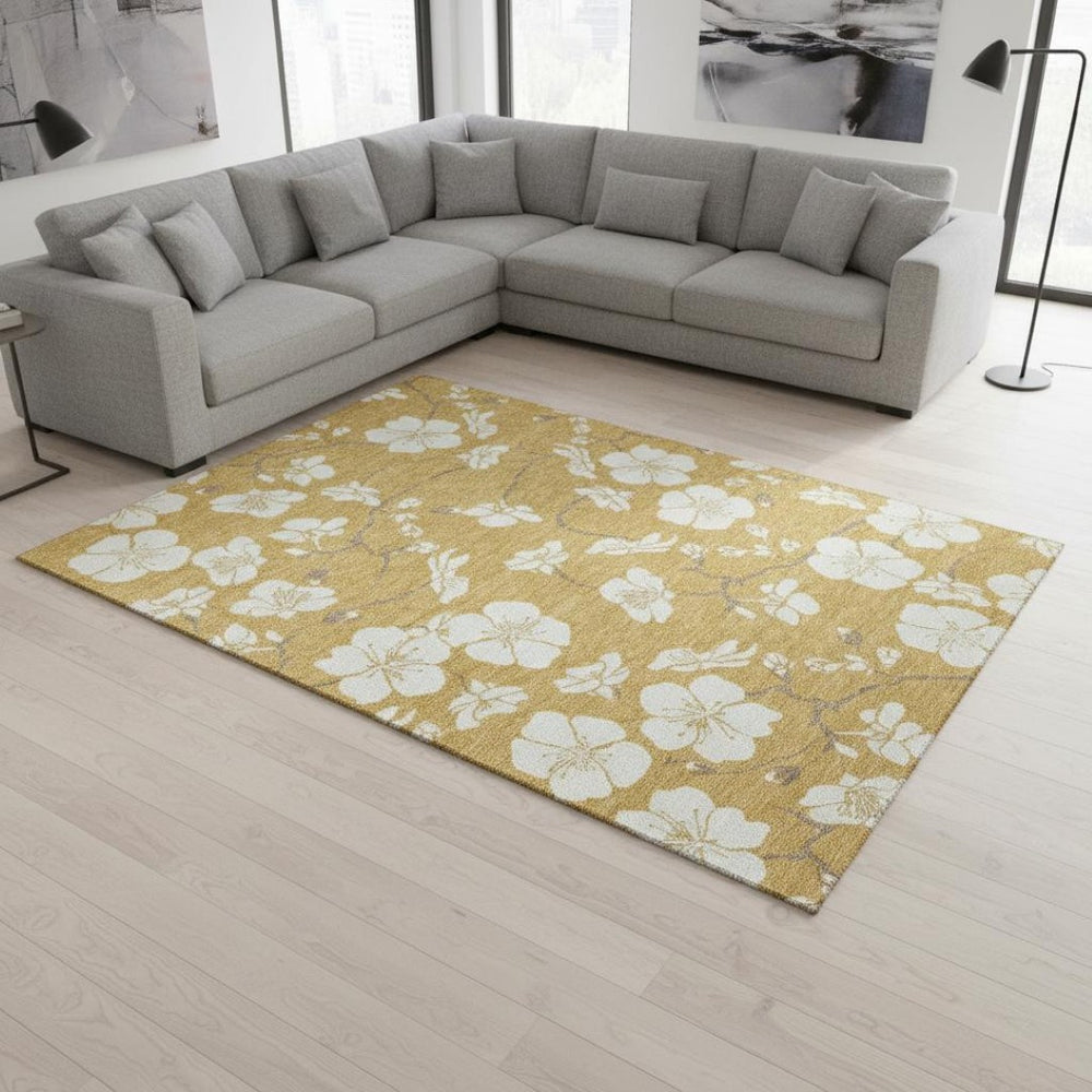 HomeRoots 9' X 12' Floral Washable Area Rug in Gold & Ivory - UV Protected, Durable, Stain-Resistant Design 681034