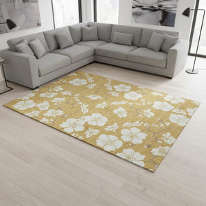 HomeRoots 9' X 12' Floral Washable Area Rug in Gold & Ivory - UV Protected, Durable, Stain-Resistant Design 681034