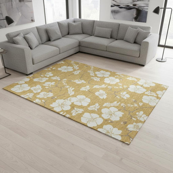 HomeRoots 9' X 12' Floral Washable Area Rug in Gold & Ivory - UV Protected, Durable, Stain-Resistant Design 681034