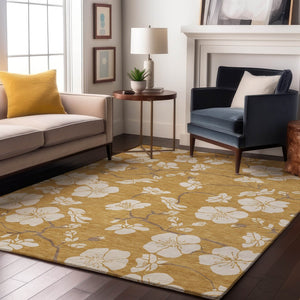 HomeRoots 9' X 12' Floral Washable Area Rug in Gold & Ivory - UV Protected, Durable, Stain-Resistant Design 681034