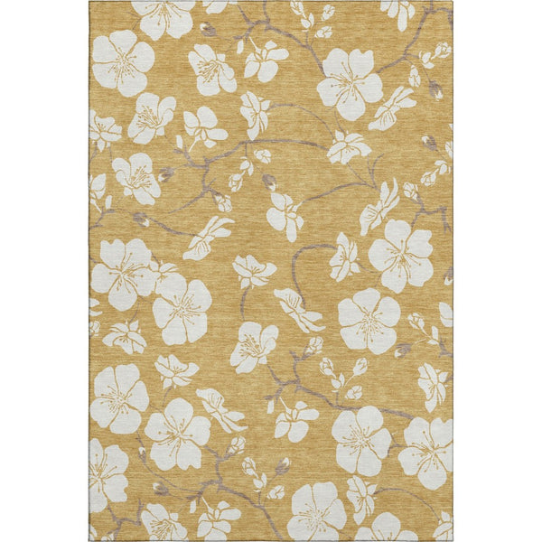 HomeRoots 9' X 12' Floral Washable Area Rug in Gold & Ivory - UV Protected, Durable, Stain-Resistant Design 681034