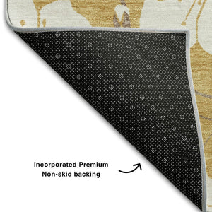 HomeRoots 9' X 12' Floral Washable Area Rug in Gold & Ivory - UV Protected, Durable, Stain-Resistant Design 681034