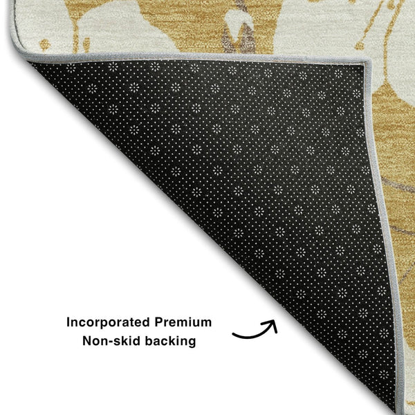 HomeRoots 9' X 12' Floral Washable Area Rug in Gold & Ivory - UV Protected, Durable, Stain-Resistant Design 681034