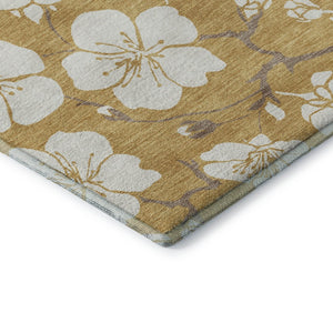HomeRoots 9' X 12' Floral Washable Area Rug in Gold & Ivory - UV Protected, Durable, Stain-Resistant Design 681034