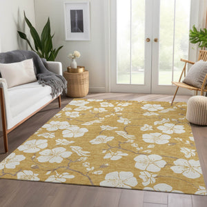 HomeRoots 9' X 12' Floral Washable Area Rug in Gold & Ivory - UV Protected, Durable, Stain-Resistant Design 681034