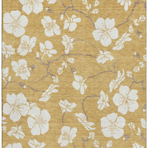 HomeRoots 9' X 12' Floral Washable Area Rug in Gold & Ivory - UV Protected, Durable, Stain-Resistant Design 681034