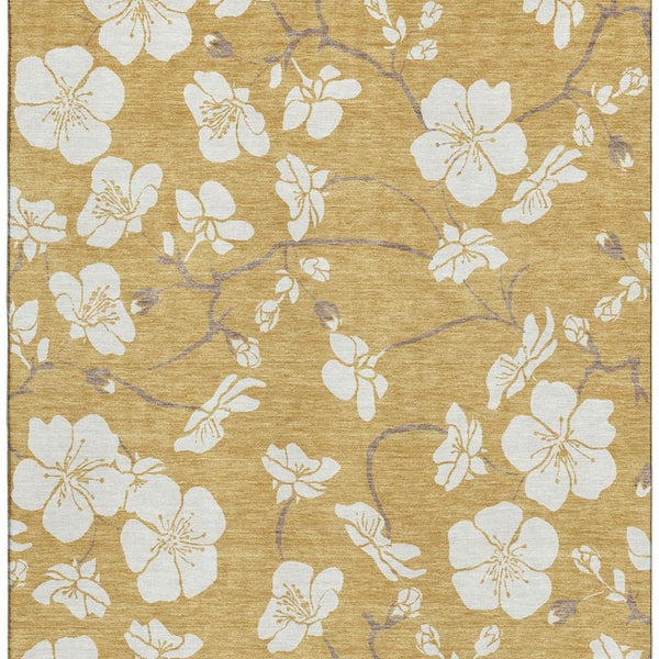 HomeRoots 9' X 12' Floral Washable Area Rug in Gold & Ivory - UV Protected, Durable, Stain-Resistant Design 681034