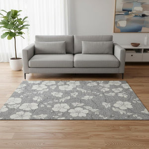 HomeRoots 5' X 8' Gray And Ivory Floral Area Rug - Washable, Stain-Resistant, UV Protected for Everyday Elegance 681037
