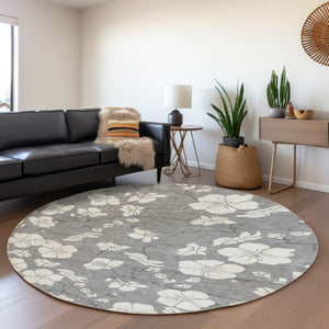 HomeRoots 8' Gray and Ivory Floral Round Rug - Washable, UV-Protected, Stain-Resistant for Busy Homes 681038