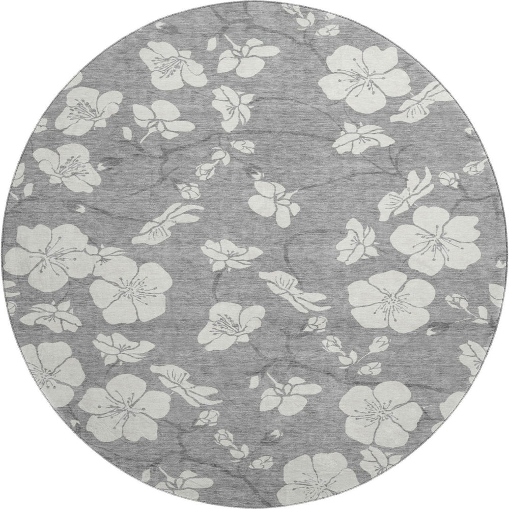 HomeRoots 8' Gray and Ivory Floral Round Rug - Washable, UV-Protected, Stain-Resistant for Busy Homes 681038